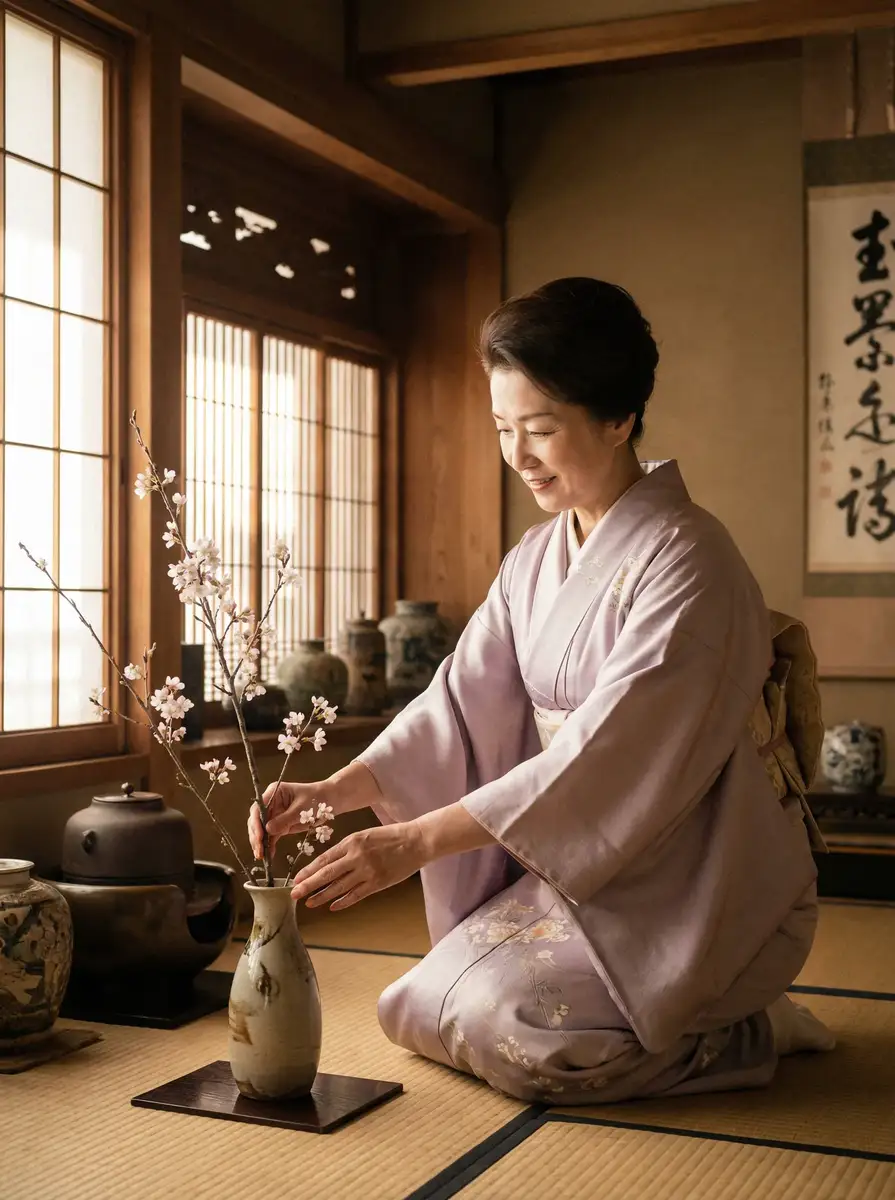 一位优雅的 妈妈的朋友8 在和室中插花