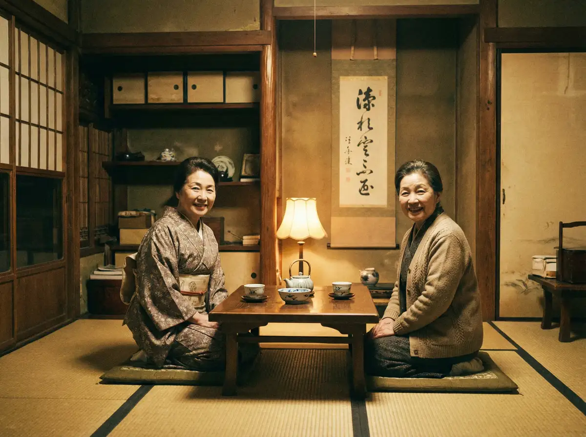 两位优雅的 妈妈的朋友8 在日式茶室中品茶交谈